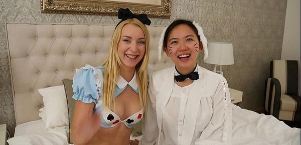  Blonde teen cosplays Alice in Wonderland and gives a blowjob